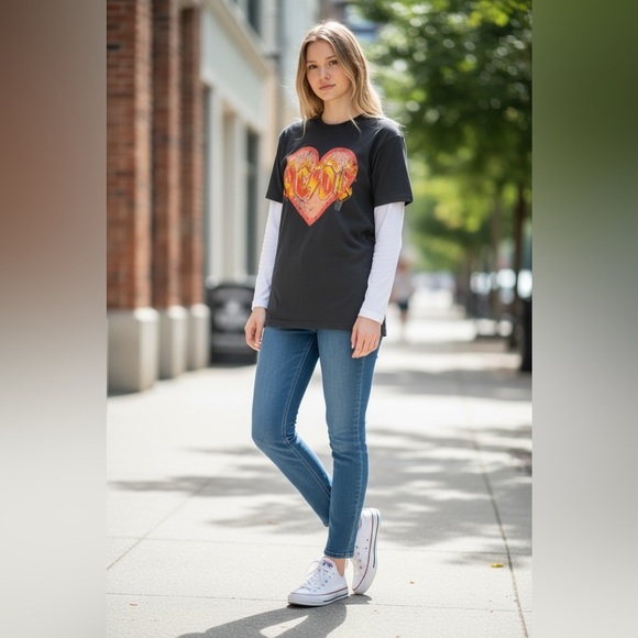 ACDC Vintage T-Shirt Medium Gray Heart Flame Fire Rock & Roll Perryscope - Picture 1 of 6